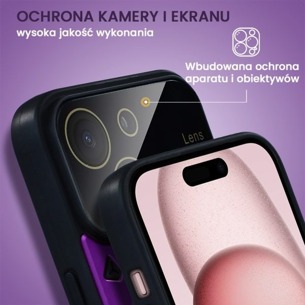 etui do iphone 15 magsafe camera beam stand pancerne, osłona kamery z podstawką, fioletowe