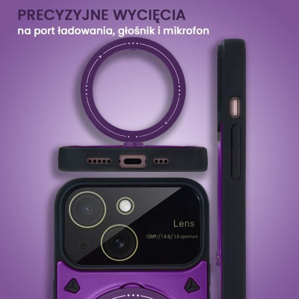 etui do iphone 15 magsafe camera beam stand pancerne, osłona kamery z podstawką, fioletowe