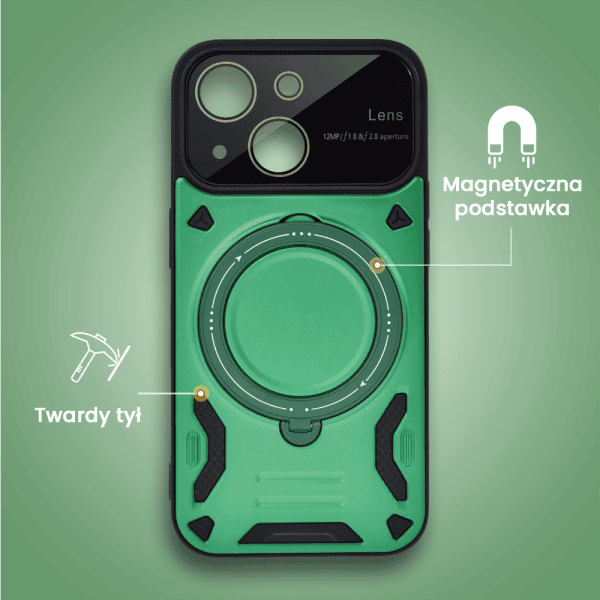 etui do iphone 15 magsafe camera beam stand pancerne, osłona kamery z podstawką, zielone