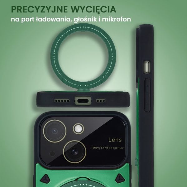etui do iphone 15 magsafe camera beam stand pancerne, osłona kamery z podstawką, zielone