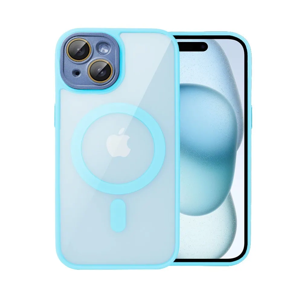 etui do iphone 15 plus magsafe clear color cienkie z kolorową ramką i ochroną aparatu, jasno niebieskie