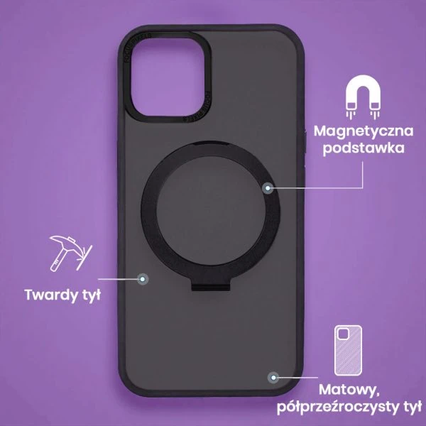 etui do iphone 15 metal cam magsafe stand z podstawką, twarde, półprzeźroczyste, czarne