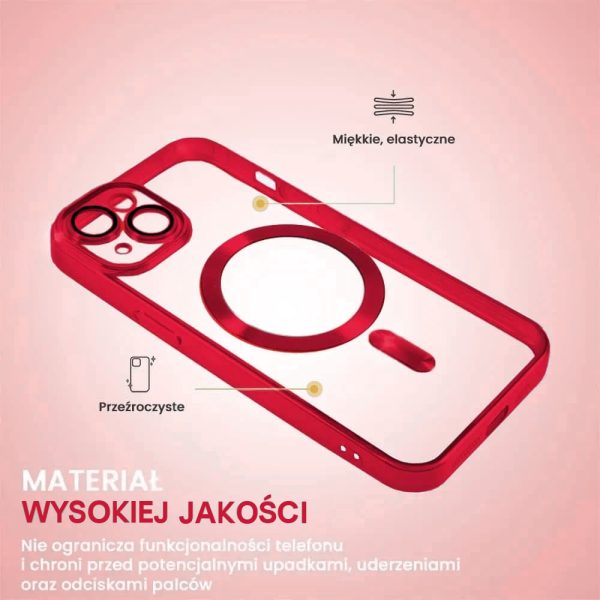 etui do iphone 15 plus magsafe luxury protect przeźroczyste, hybrydowa ochrona kamery, czerwone