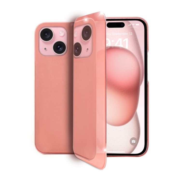 etui do iphone 15 plus mirror view zamykane typu książka, eleganckie lustrzane, różowe
