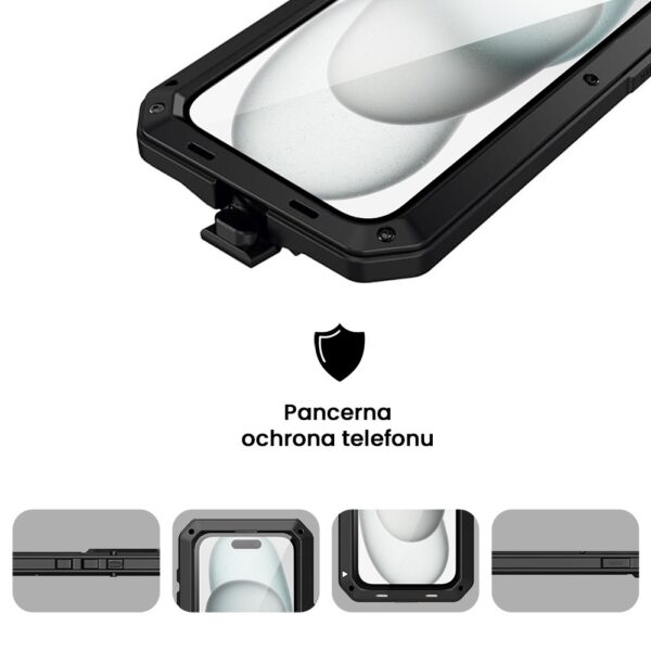 Etui do iPhone 15 Plus Panzer Max, metalowa, skręcana, pancerna obudowa przód+tył, czarne pop (2)