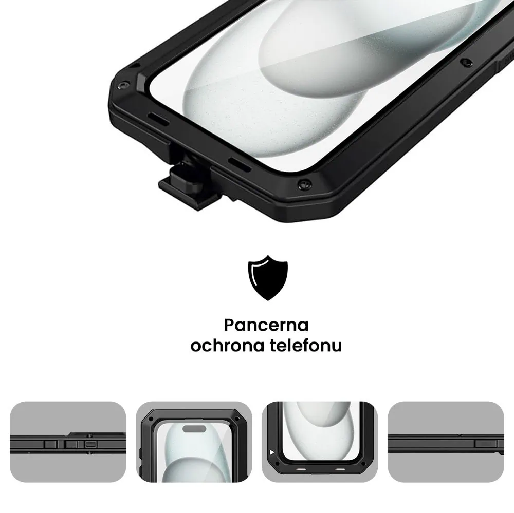 Etui do iPhone 15 Plus Panzer Max, metalowa, skręcana, pancerna obudowa przód+tył, czarne pop (2)