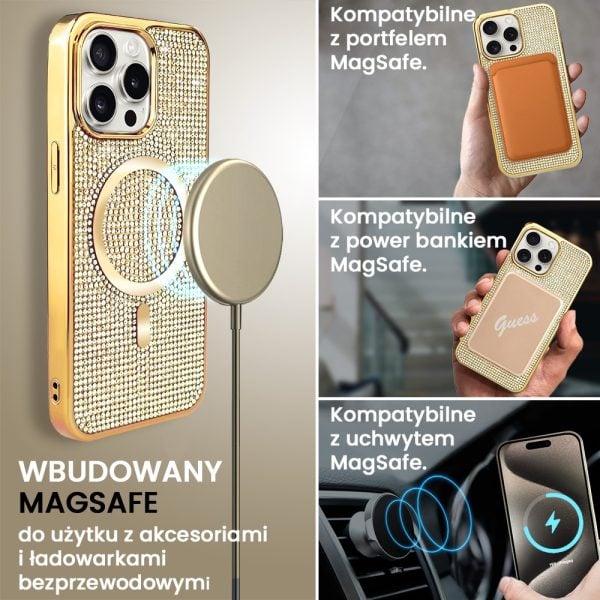 etui do iphone 15 pro max magsafe tresury case, diamentowe, ze błyszczącą ramką, złote