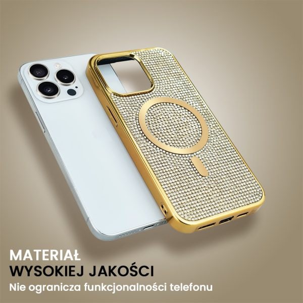 etui do iphone 15 pro max magsafe tresury case, diamentowe, ze błyszczącą ramką, złote