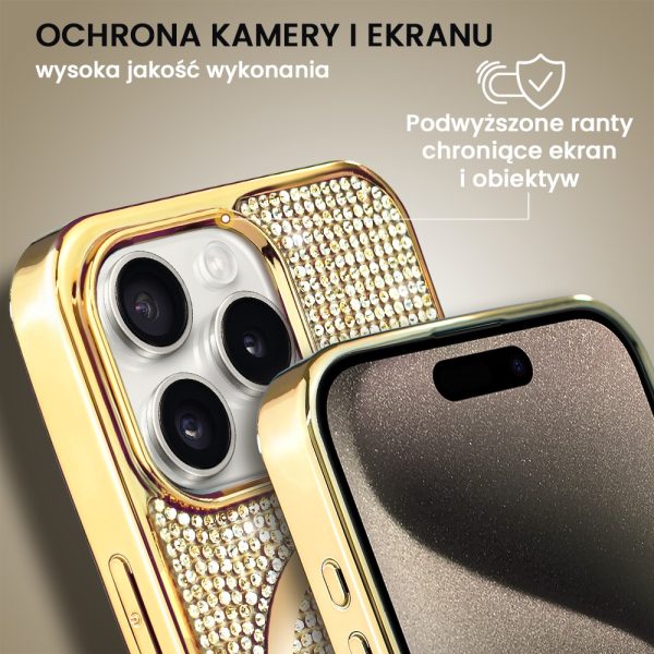 etui do iphone 15 pro max magsafe tresury case, diamentowe, ze błyszczącą ramką, złote