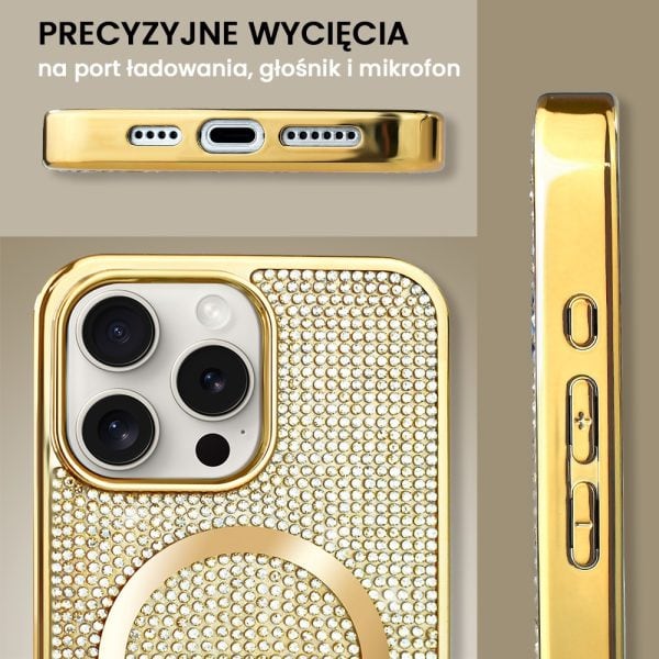 etui do iphone 15 pro max magsafe tresury case, diamentowe, ze błyszczącą ramką, złote