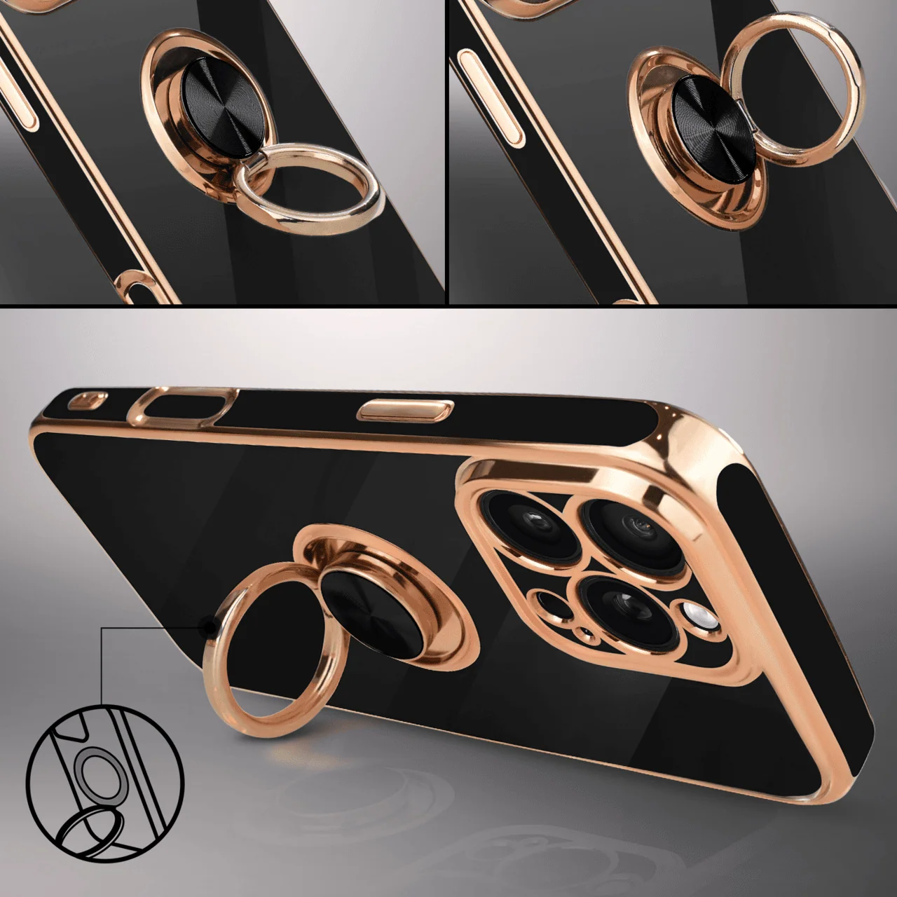 Etui do iPhone 15 Pro Max eleganckie, ze złotym, metalowym uchwytem i zdobieniami, osłona na aparat, czarne, nowe (1)