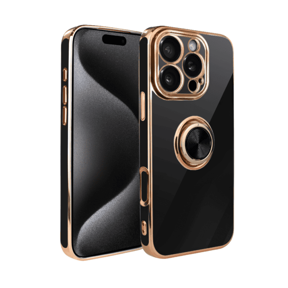 Etui do iPhone 15 Pro Max eleganckie, ze złotym, metalowym uchwytem i zdobieniami, osłona na aparat, czarne, nowe (2)