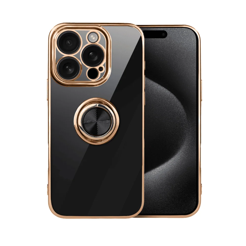 Etui do iPhone 15 Pro Max eleganckie, ze złotym, metalowym uchwytem i zdobieniami, osłona na aparat, czarne, nowe (3)