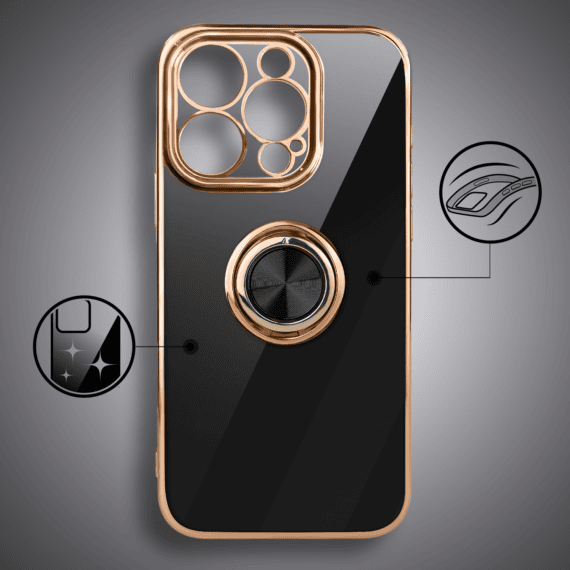 Etui do iPhone 15 Pro Max eleganckie, ze złotym, metalowym uchwytem i zdobieniami, osłona na aparat, czarne, nowe (4)