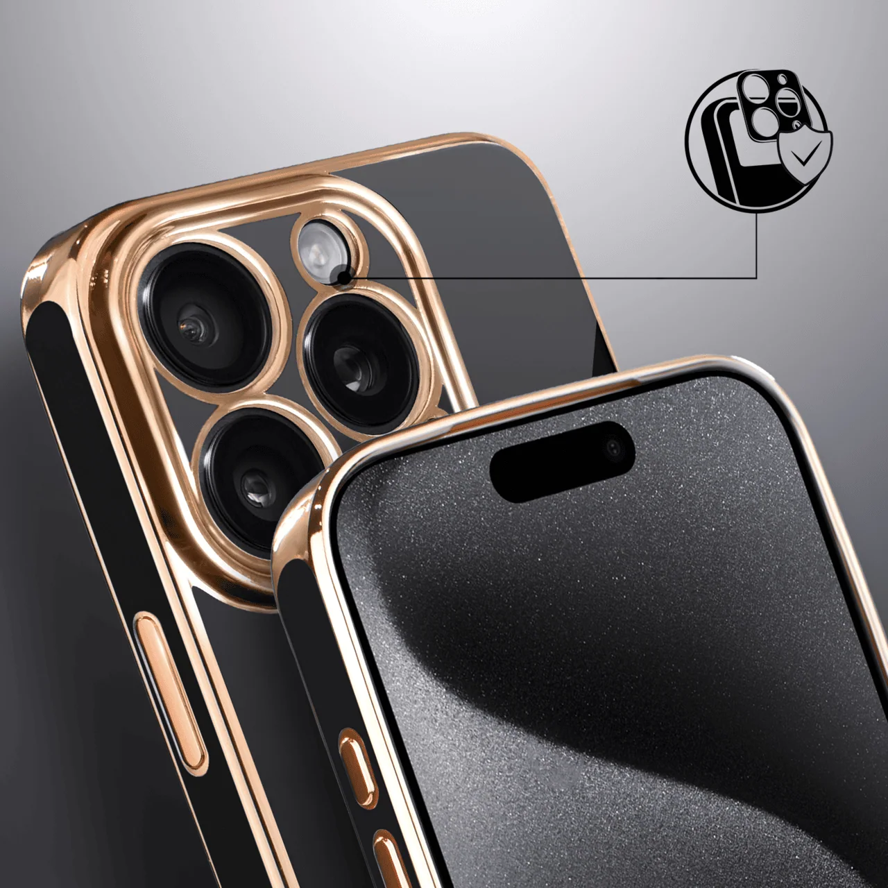 Etui do iPhone 15 Pro Max eleganckie, ze złotym, metalowym uchwytem i zdobieniami, osłona na aparat, czarne, nowe (6)