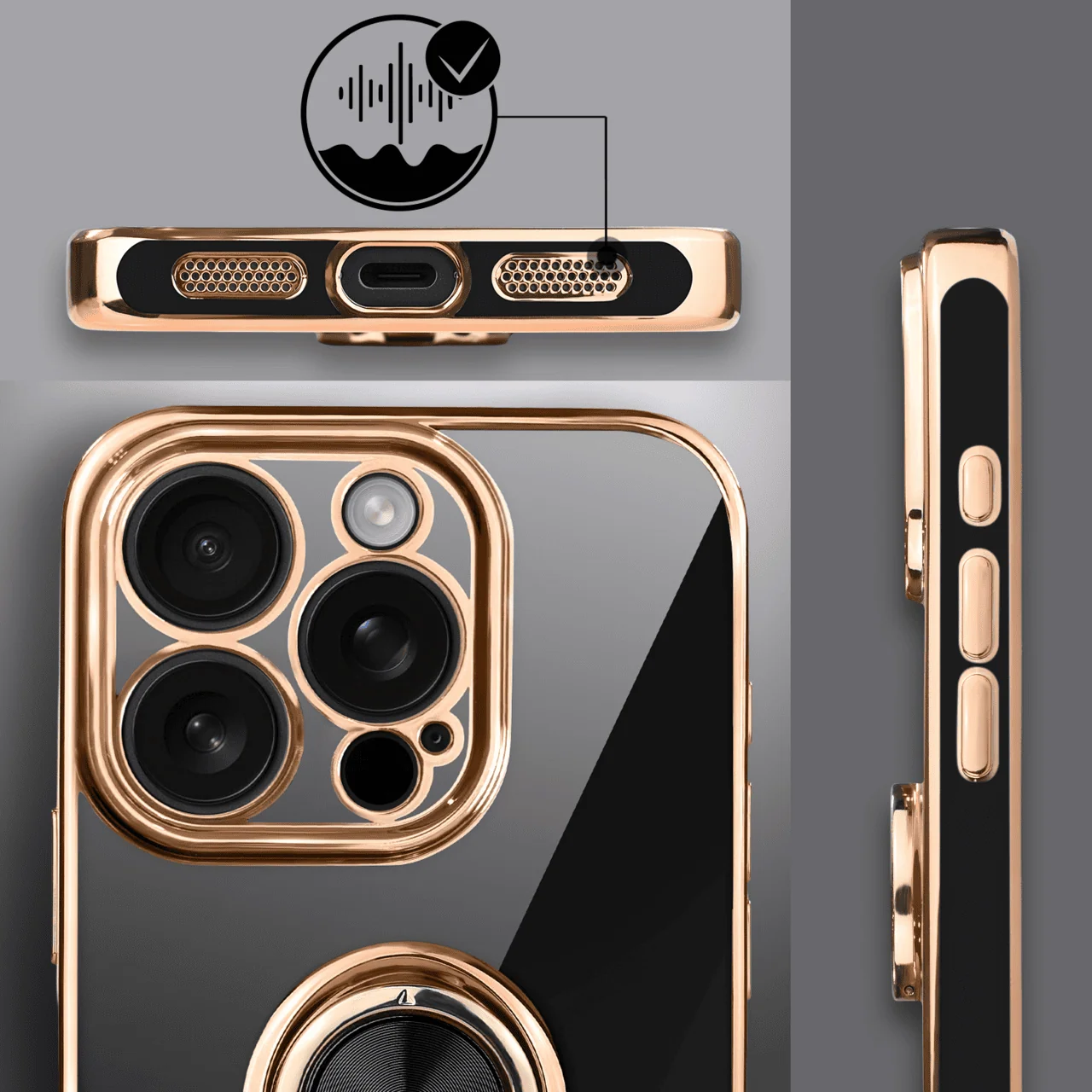 Etui do iPhone 15 Pro Max eleganckie, ze złotym, metalowym uchwytem i zdobieniami, osłona na aparat, czarne, nowe (8)
