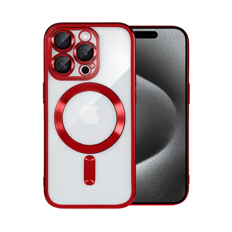 etui do iphone 15 pro max magsafe luxury protect przeźroczyste, hybrydowa ochrona kamery, czerwone