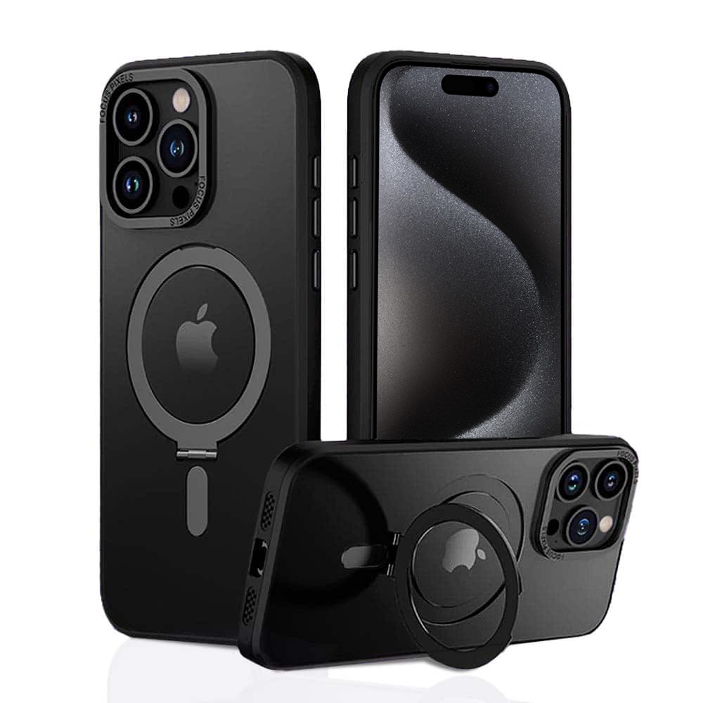 etui do iphone 15 pro max metal cam magsafe stand z podstawką, twarde, półprzeźroczyste, czarne