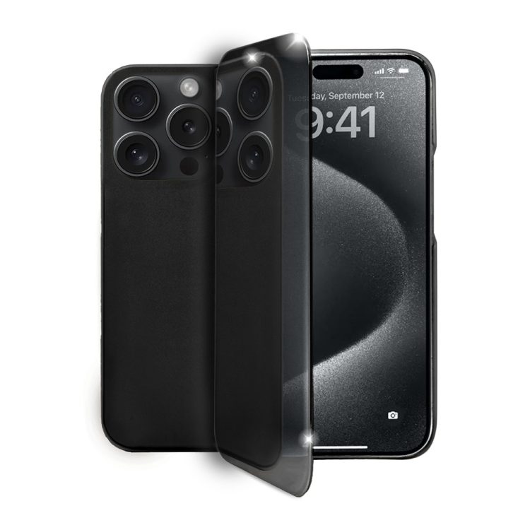 etui do iphone 15 pro max mirror view zamykane typu książka, eleganckie lustrzane, czarne