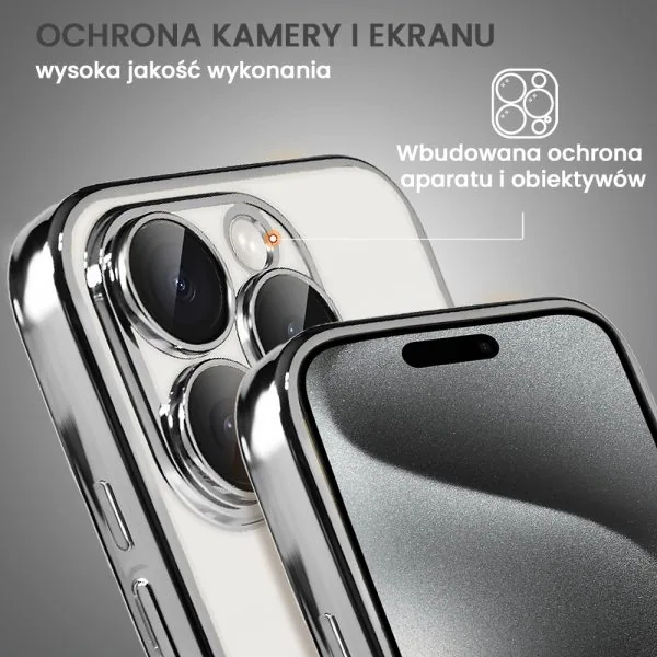 etui do iphone 15 pro max slim protect full cover z osłoną kamery i obiektywów 9h, srebrne
