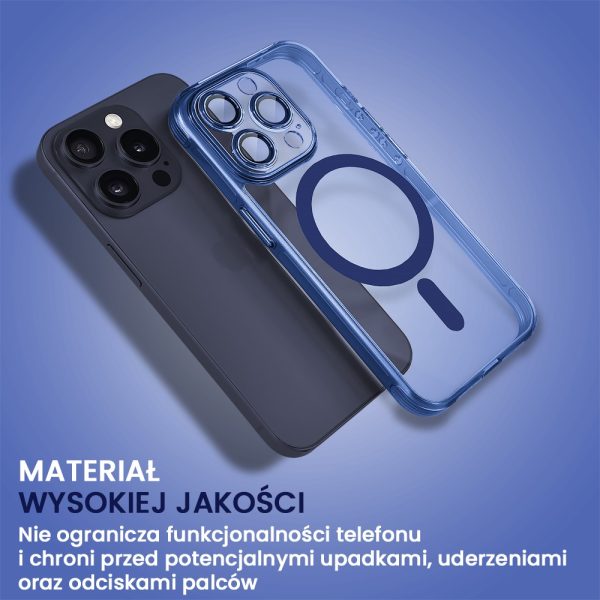 etui do iphone 15 pro max cienkie, wzmocnione, z ochroną anti shock oraz głośników, niebieskie