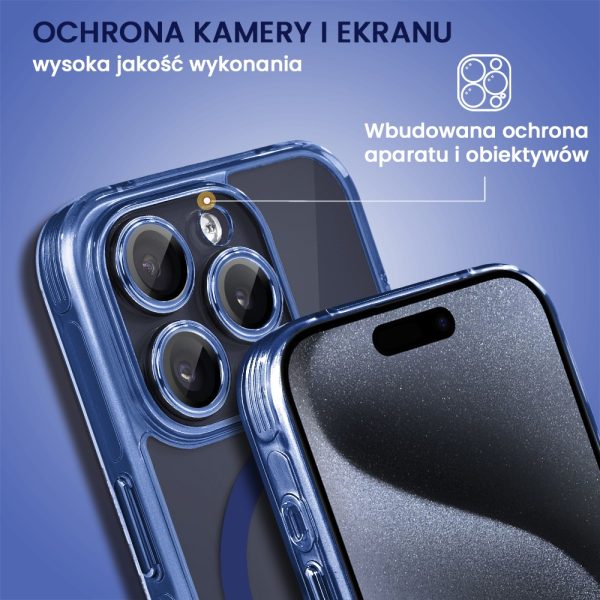 etui do iphone 15 pro max cienkie, wzmocnione, z ochroną anti shock oraz głośników, niebieskie