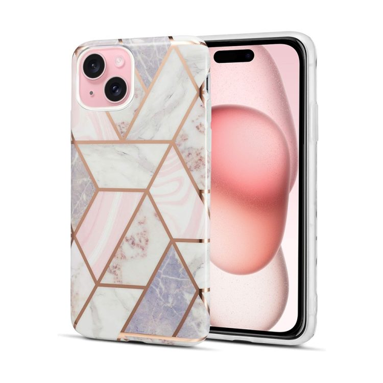 etui do iphone 15 szaro różowy marmur ze złotymi wzorami