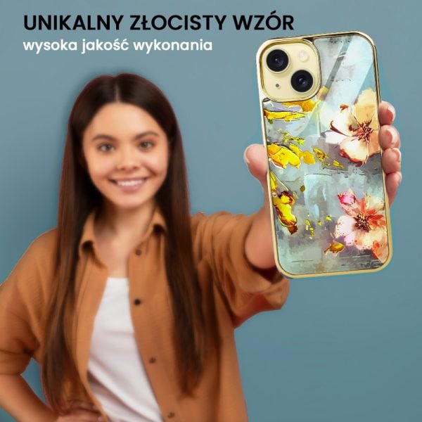 etui do iphone 15, szklane, twardy tył, kwiaty ze złotym zdobieniem, złote