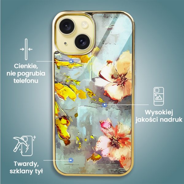 etui do iphone 15, szklane, twardy tył, kwiaty ze złotym zdobieniem, złote