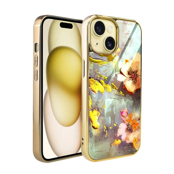 etui do iphone 15, szklane, twardy tył, kwiaty ze złotym zdobieniem, złote