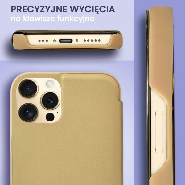 etui do iphone 12 pro mirror view zamykane typu książka, eleganckie lustrzane, złote
