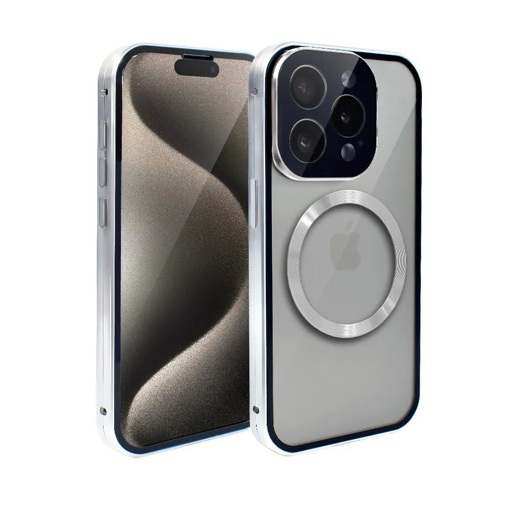 obudowa do iphone 15 pro max pancerna szyba i aluminium 360° przód + tył magnetyczna, z magsafe i osłoną aparatu, srebrna
