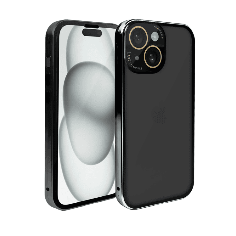 obudowa do iphone 15 pancerna szyba i aluminium 360° przód + tył magnetyczna, z osłoną aparatu, czarna