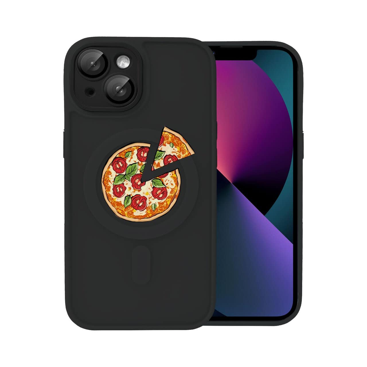 etui do iphone 14 color flush z magsafe, z osłoną aparatu, z nadrukiem pizza, czarne (kopia)
