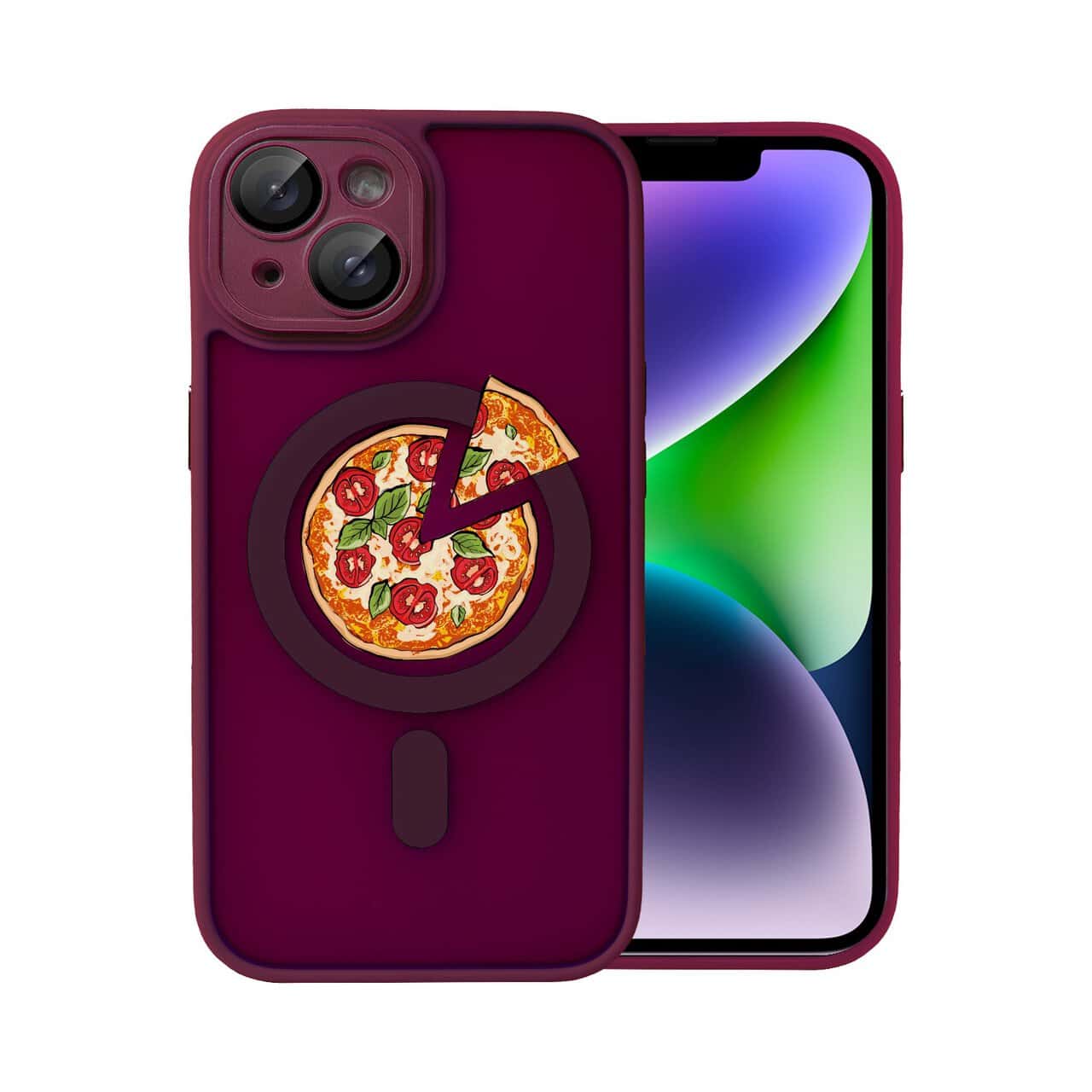 etui do iphone 14 color flush z magsafe, z osłoną aparatu, z nadrukiem pizza, wiśniowe