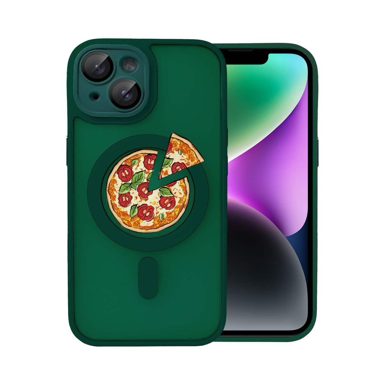 etui do iphone 15 plus color flush z magsafe, z osłoną aparatu, z nadrukiem pizza, ciemna zieleń