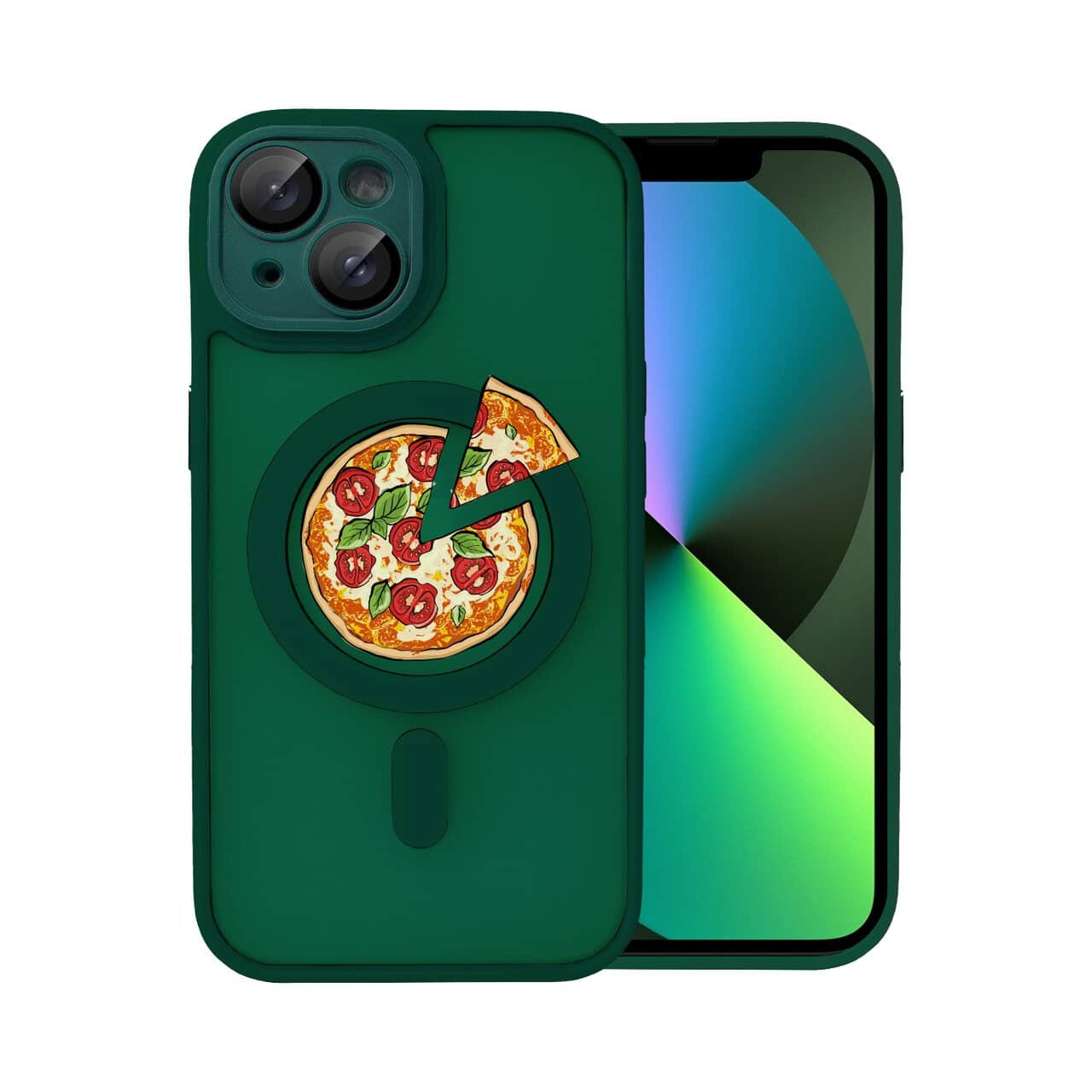 etui do iphone 13 color flush z magsafe, z osłoną aparatu, z nadrukiem pizza, ciemna zieleń