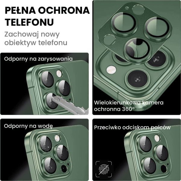 iphone 13 pro max gładka metalowa osłona na cały aparat, wbudowane szkła 9h, głęboka czerń, zielona
