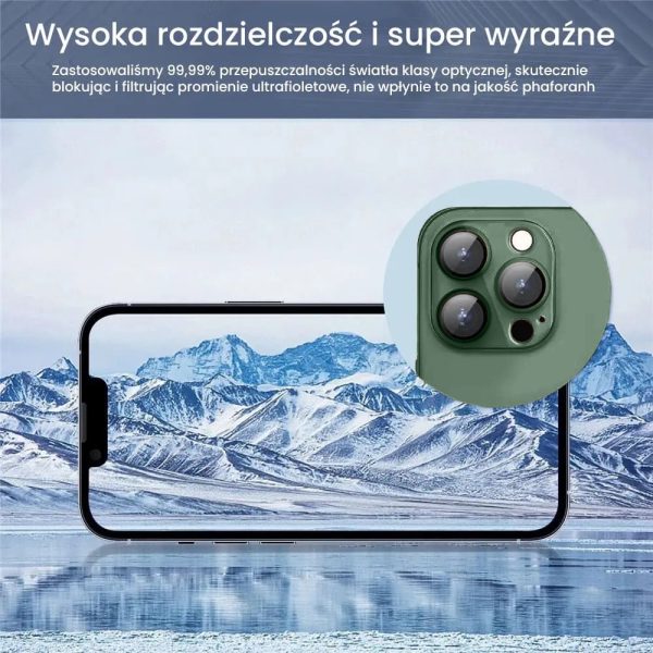 iphone 13 pro max gładka metalowa osłona na cały aparat, wbudowane szkła 9h, głęboka czerń, zielona