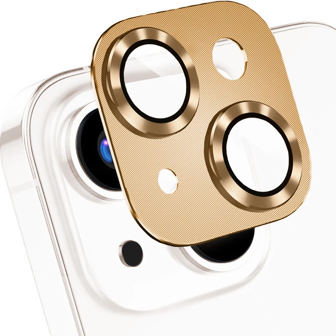 iphone 14 plus metalowa osłona na cały aparat, wbudowane szkła 9h, złota