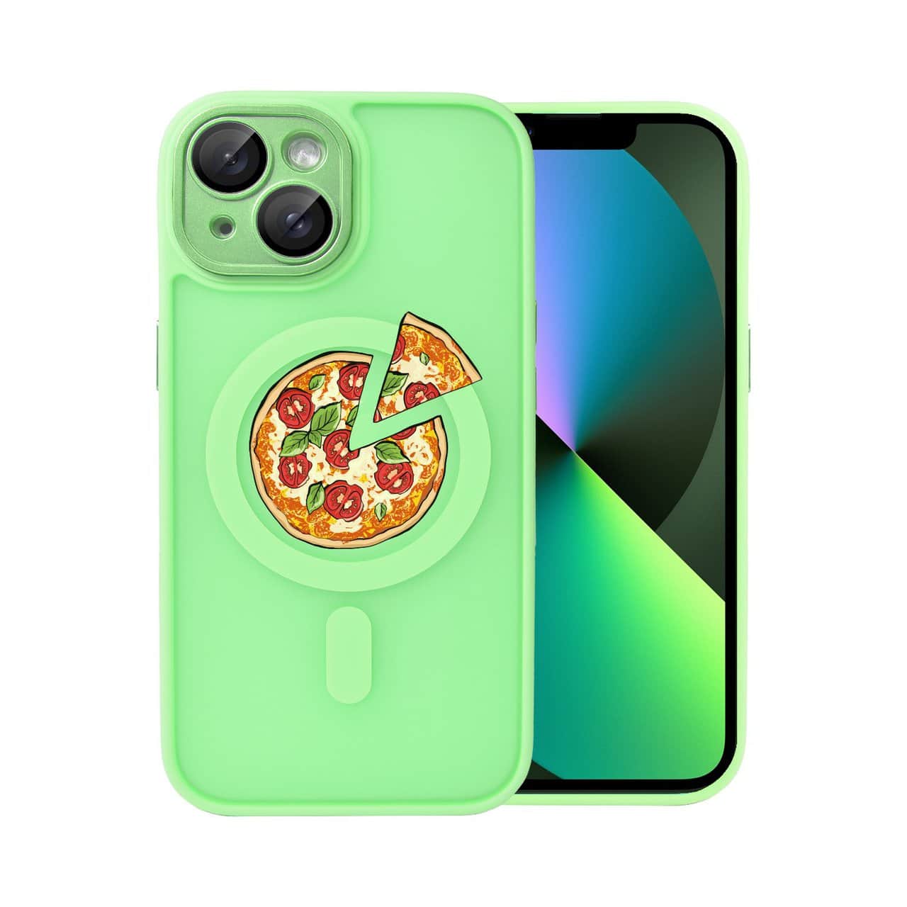 etui do iphone 14 color flush z magsafe, z osłoną aparatu, z nadrukiem pizza, jasna zieleń (kopia)