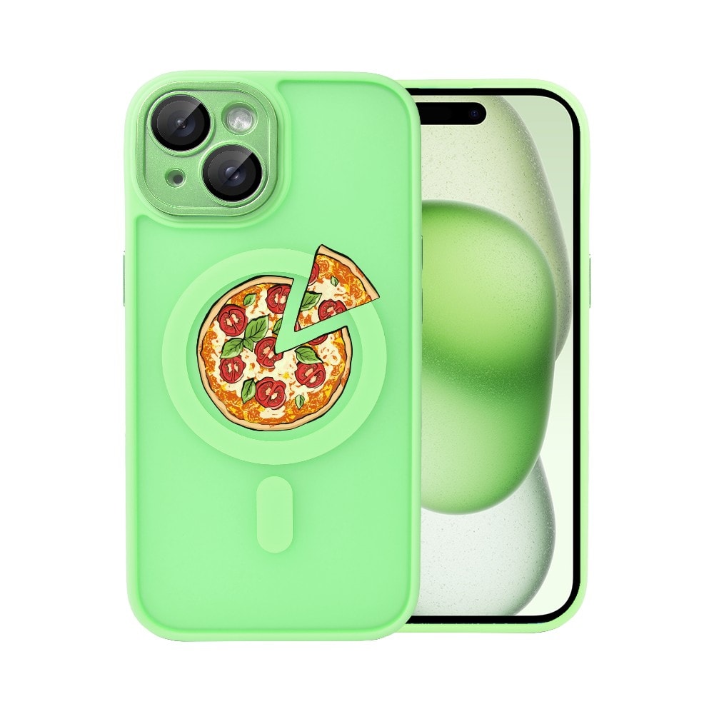etui do iphone 15 color flush z magsafe, z osłoną aparatu, z nadrukiem pizza, jasna zieleń