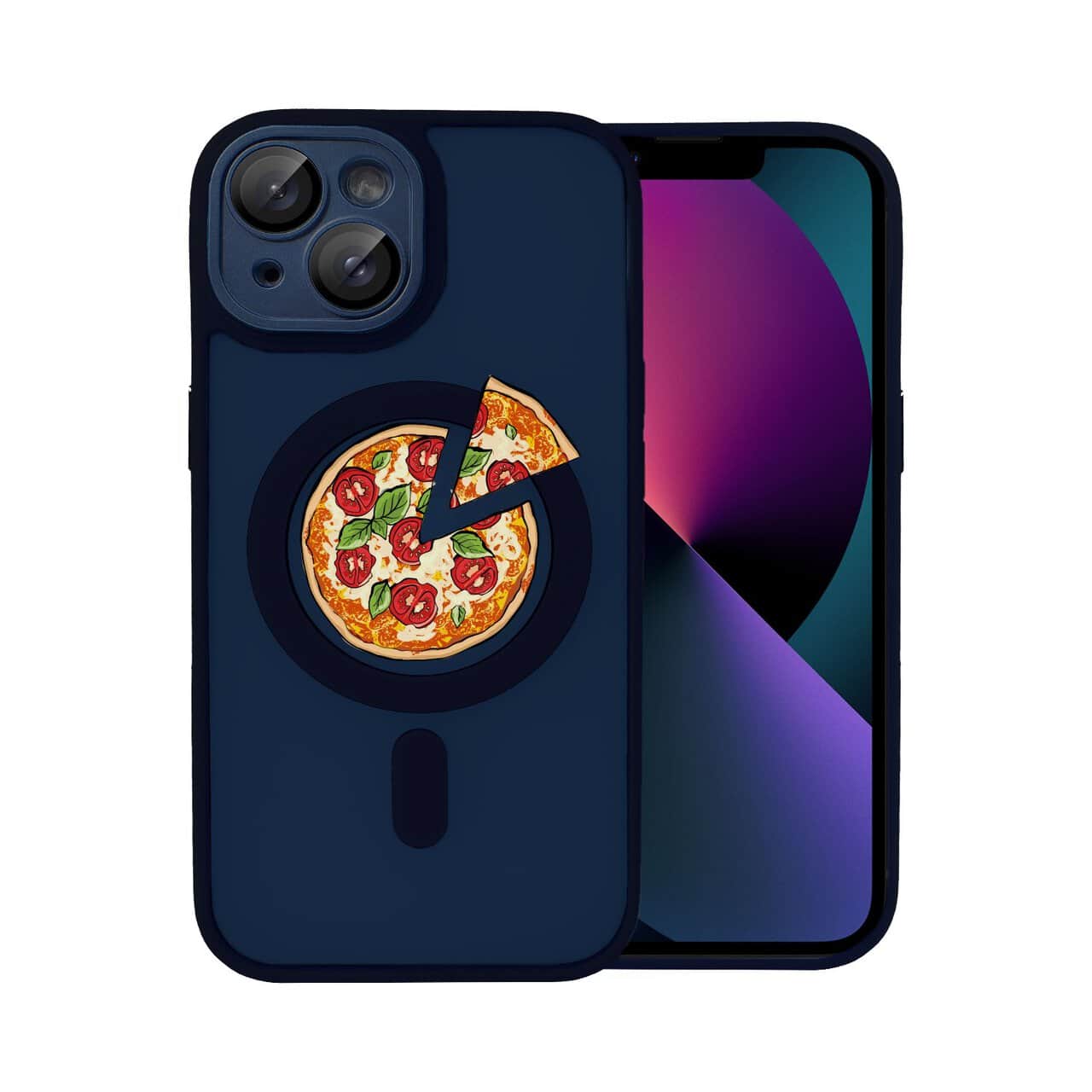 etui do iphone 13 color flush z magsafe, z osłoną aparatu, z nadrukiem pizza, granatowe