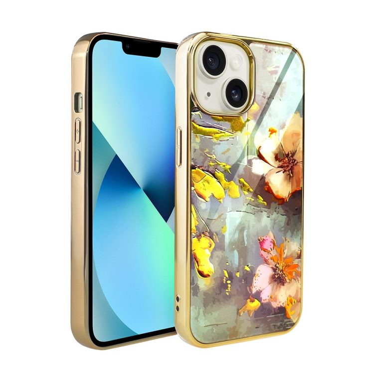 etui do iphone 14, golden glass, szklany tył, kwiaty ze złotem, złote (kopia)