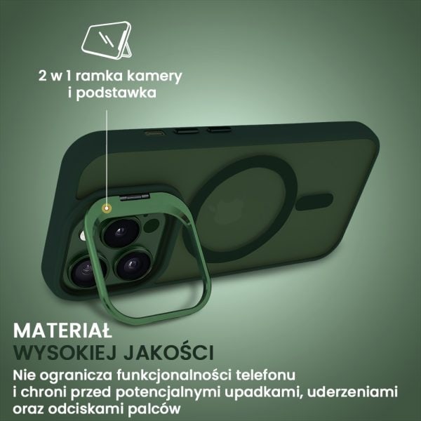 etui do iphone 13 pro max arctic stand, półprzeźroczyste, z osłoną aparatu i podstawką, zielone