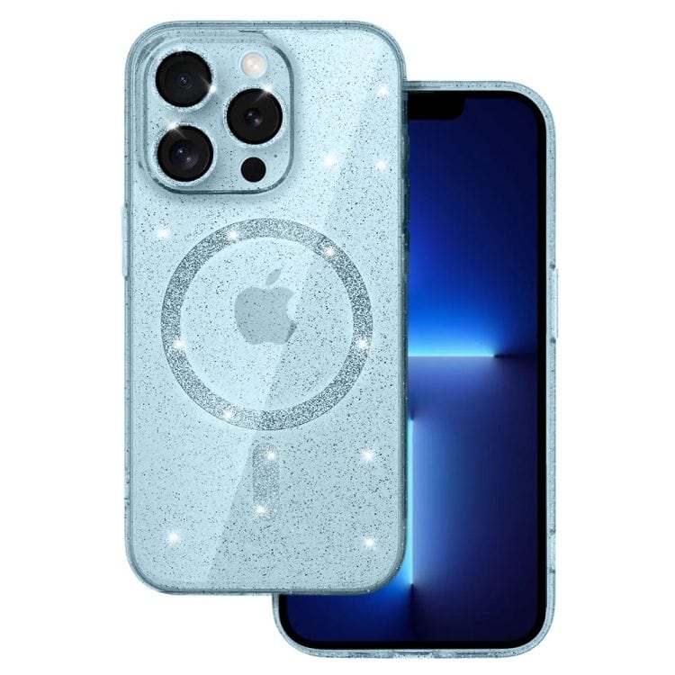 etui do iphone 13 pro max z magsafe, przeźroczyste, błyszczący brokat, niebieskie