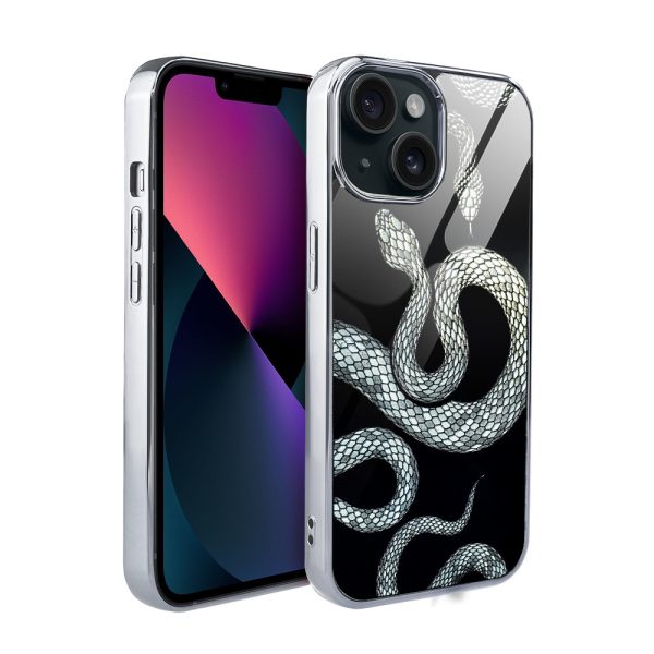 etui do iphone 13, silver glass, szklany tył, węże ze srebrem, srebrne