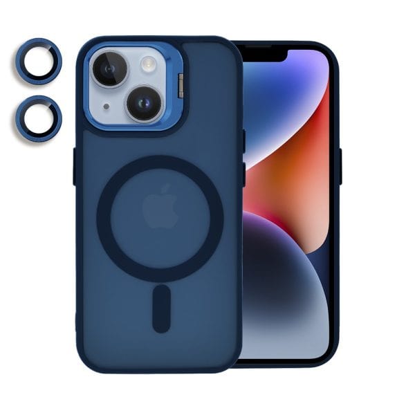 etui do iphone 14 arctic stand, półprzeźroczyste, z osłoną aparatu i podstawką, głęboki niebieski