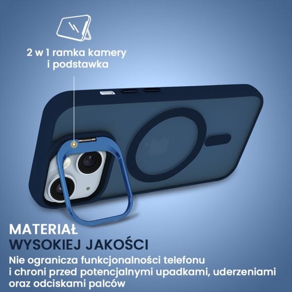 etui do iphone 14 arctic stand, półprzeźroczyste, z osłoną aparatu i podstawką, głęboki niebieski