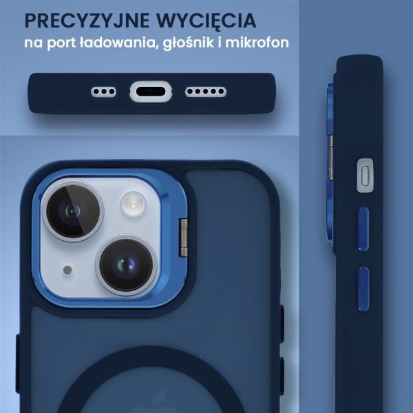 etui do iphone 14 arctic stand, półprzeźroczyste, z osłoną aparatu i podstawką, głęboki niebieski